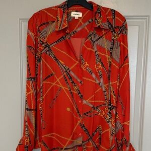 L’AGENCE 100% Silk Red/Orange and Gold Chain Print Blouse
